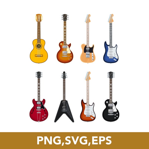 Guitar svg, Music Instrument, Electric Guitar, Acoustic Guitar, SVG, PNG, EPS, Vector Files, 8 Clip Arts - Digital Download