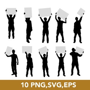 Man Holding Sign, Banner, Plakkaat Signboard Silhouette Ads Advertentie Bericht Poster, SVG bundel, PNG, EPS, Vector Files, 10 Clip Arts