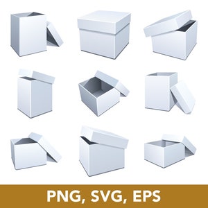 May include: Set of nine white cardboard boxes in various open and closed positions. The boxes are all the same size and shape, and they are all made of a smooth, white cardboard.