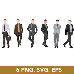 Business Man Walking, Standing in Suite, Flat Character illustration in Color, SVG, PNG, EPS, Vector Files, 6 Clip Arts - Digital Download