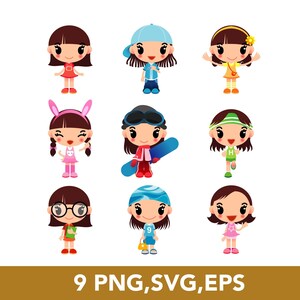 Happy Cute Girl Kid Cartoon Characters SVG bundle, PNG, EPS, Vector Files, Kindergarten 9 Clip Arts - Digital Download