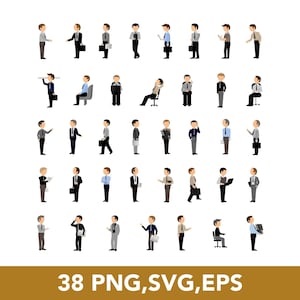 Hombre de negocios caminando, de pie, hablando, reunión, plano Ilustración de personajes en color, SVG, PNG, EPS, Archivos vectoriales, 38 Clip Arts