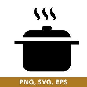 Könnte beinhalten: Schwarz-weiße Silhouette eines Topfes mit Deckel und Dampf, der aus dem Topf aufsteigt. Der Topf ist ein Kochgeschirr.