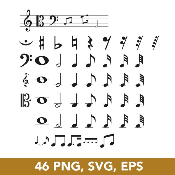 Music Notation Symbols, Music Note Icons, SVG bundle, PNG, EPS, Vector Files, 46 Clip Arts - Digital Download