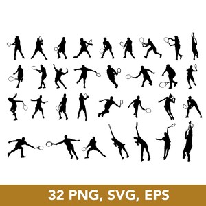 May include: Silhouettes of 32 tennis players in various poses, holding rackets and balls. The players are all facing forward and are in different stages of motion. The image is in black and white.