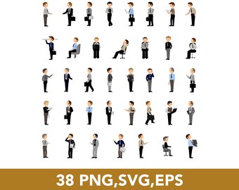 Hombre de negocios caminando, de pie, hablando, reunión, plano Ilustración de personajes en color, SVG, PNG, EPS, Archivos vectoriales, 38 Clip Arts