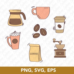 Coffee SVG, PNG, EPS. Coffee Mug, Machine, Bag, Beans, Kettle and More Circut Clipart - Instant Digital Download
