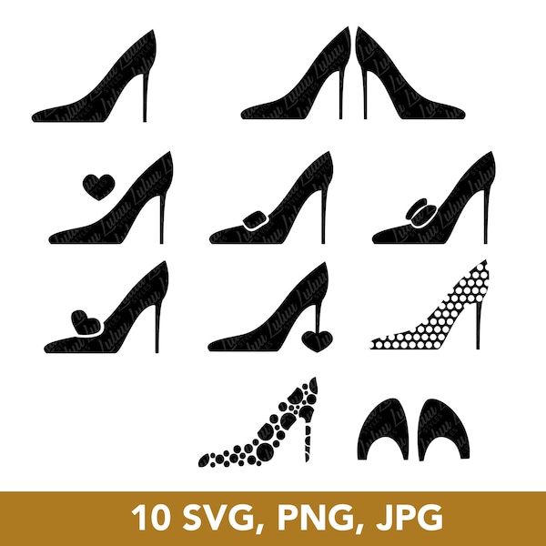 High Heel Silhouette SVG, PNG, JPG Bundle, Vector Files, Women Shoes, Stiletto Heels 10 Cliparts for Cricut - Digital Download