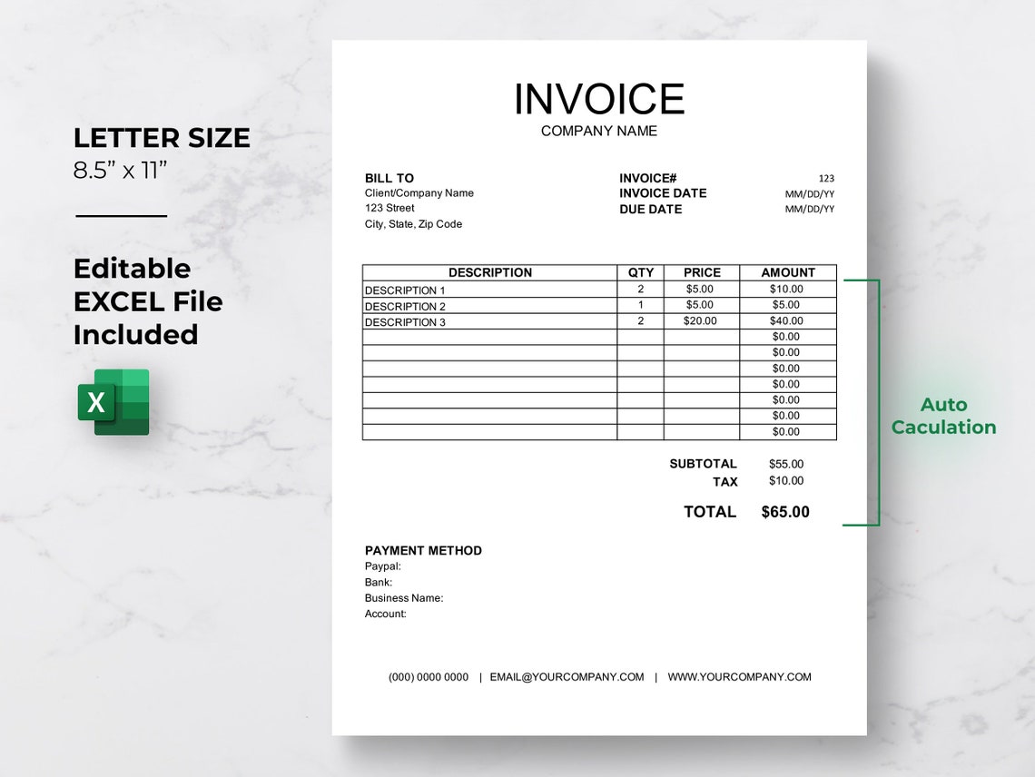 Invoice Template Editable MS Excel PDF, Auto Calculation Features ...