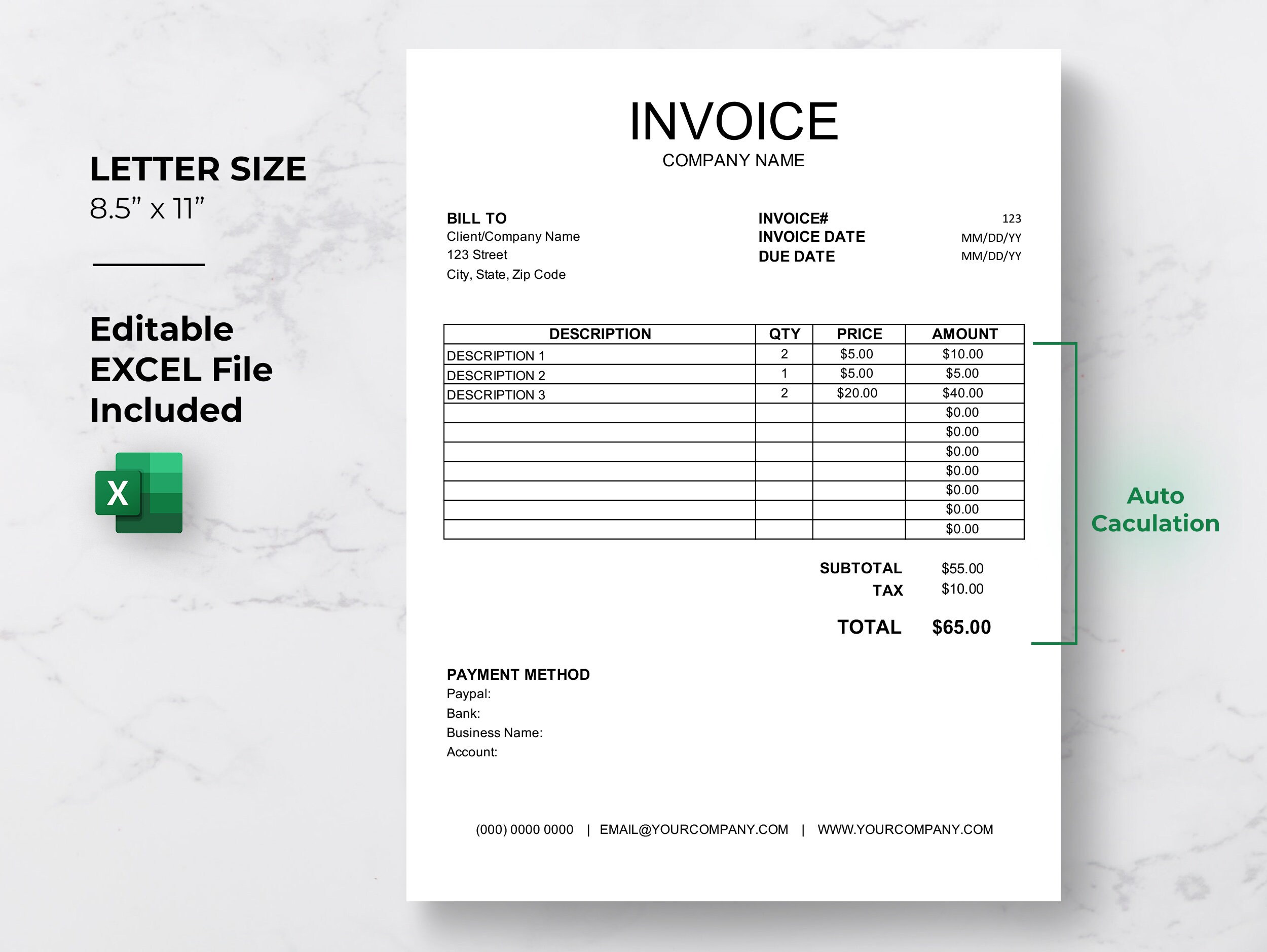 Invoice Template Editable MS Excel PDF, Auto Calculation Features ...