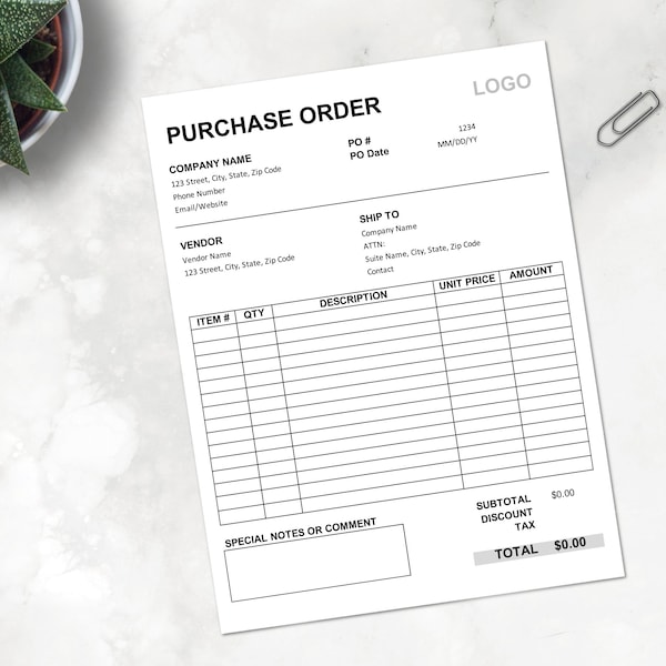 Purchase Order Template, Editable template, MS Excel, Auto Calculation features, Simple Minimalist Order Form Printable, Digital Download