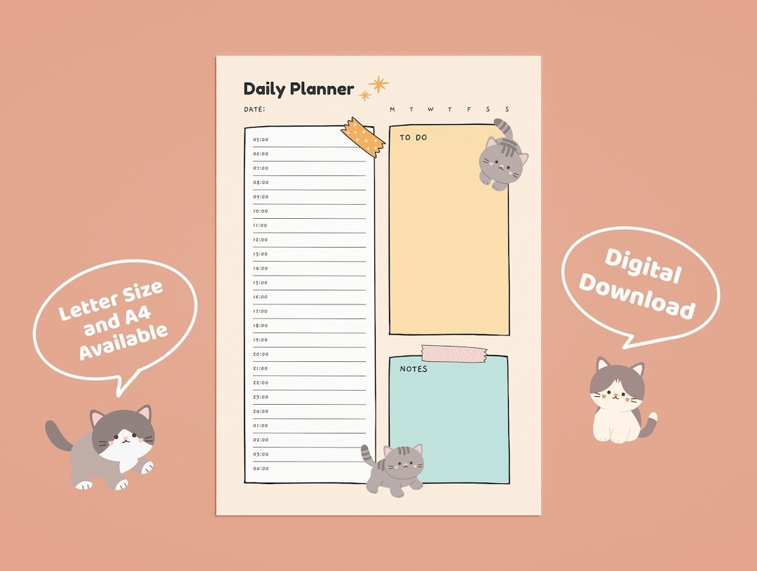 Cute Daily Planner Printable, Gray Cartoon Cat Printable Planner ...