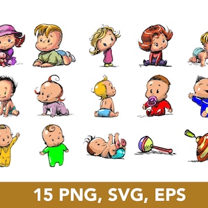 Niños y bebés bailando felices personajes de dibujos animados lindos paquete SVG dibujado a mano, PNG, EPS, archivos vectoriales, 15 imágenes prediseñadas - Descarga digital