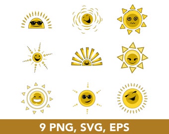May include: Nine different yellow sun illustrations with various facial expressions, including sunglasses, a smiley face, a frowning face, and a surprised face. The suns are all outlined in black and have a white background.