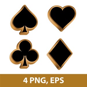 4 poker card suits art, spades, clubs, hearts, diamonds, black and gold, PNG bundle, PNG, EPS, Vector Files, 4 Clip Arts - Digital Download