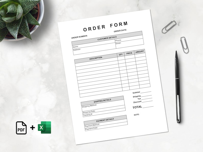 Order Form Printable, Editable MS Excel Included, Auto Calculation ...