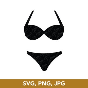 May include: Black bikini with a patterned design. The top is a bandeau style and the bottom is a high-waisted style.