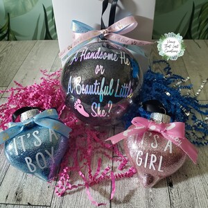 Gender Reveal Christmas Ornament with Second Heart Ornament Inside with Free Gift Box/ Gender Reveal Ornament/ Gender Reveal Pop Apart Ball
