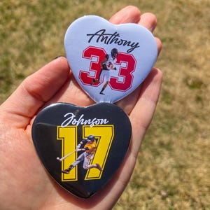 Custom Sport Photo Heart Shaped Button, Personalized Athlete Pin, Senior 2026