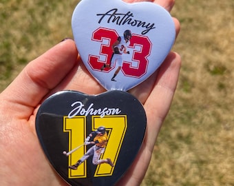 Custom Sport Photo Heart Shaped Button, Personalized Athlete Pin, Senior 2026