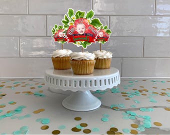 Berry First Birthday Custom Face Cupcake Toppers, Strawberry Theme
