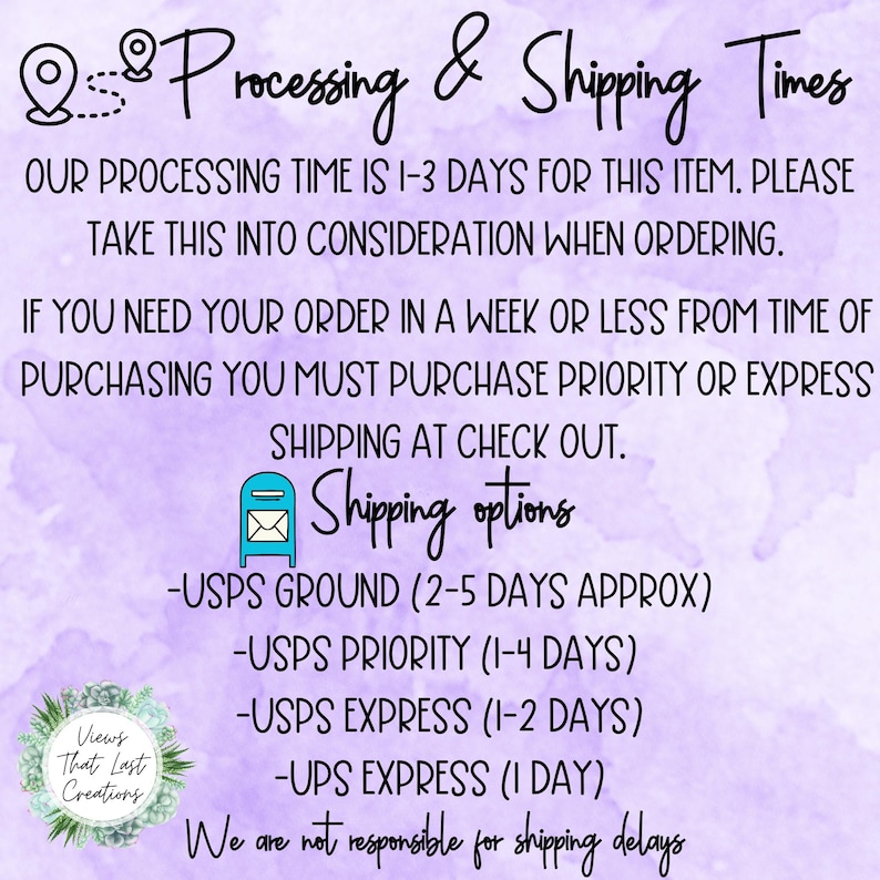 K&ouml;nnte beinhalten: Eine lila und wei&szlig;e Grafik mit dem Text "Processing & Shipping Times". Der Text erkl&auml;rt die Bearbeitungszeit f&uuml;r Bestellungen und listet die verschiedenen verf&uuml;gbaren Versandoptionen auf: USPS Ground, USPS Priority, USPS Express und UPS Express. Der Text gibt auch an, dass der Verk&auml;ufer nicht f&uuml;r Versandverz&ouml;gerungen verantwortlich ist.