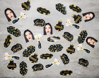 May include: A collection of black and gold casino themed stickers with images of playing cards, dice, champagne bottles, and poker chips. The stickers also feature images of people's faces and the text "88/2025".