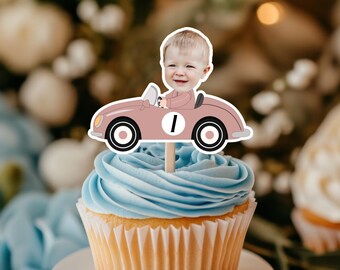 Custom Photo Racing Car Cupcake Toppers, Birthday Party Decor, Two Fast/ Fast One