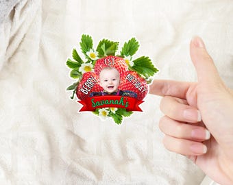 Strawberry First Birthday Stickers | Custom Photo, Berry Favors