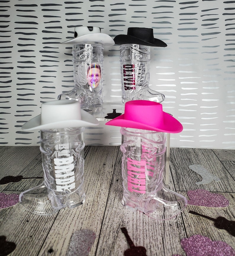 Personalized Cowboy Boot Shot Glasses with Mini Cowboy hats