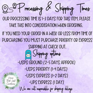 May include: A purple and white graphic with the text "Processing & Shipping Times". The text explains the processing time for orders and lists the different shipping options available: USPS Ground, USPS Priority, USPS Express, and UPS Express. The text also states that the seller is not responsible for shipping delays.