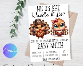 Thanksgiving Turkey Gender Reveal Invitation (Editable Template)