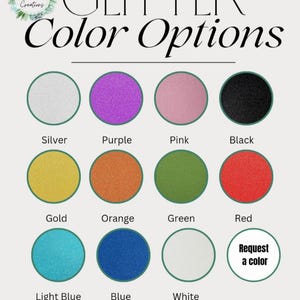 May include: A chart displaying glitter colour options for a craft project. The colours include silver, purple, pink, black, gold, orange, green, red, light blue, blue, and white. There is also an option to request a custom colour.