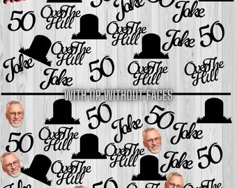 May include: Black and white party decorations with the text "50", "Jake", and "Over The Hill". Includes tombstone graphics and the option to add a photo. The words "100 PIECES!" are in the top left.