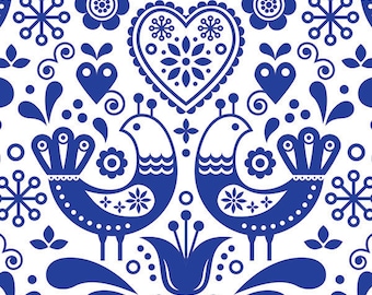 Tela romántica húngara de cuento popular, extra ancha (145 cm, 52"), con pájaros amorosos en azul, algodón puro de primera calidad.