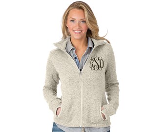 Monogrammed Womens Fleece Jacket, Personalized Full Zip Fleece Heathered Jacket by Charles River Apparel, Oatmeal, Blue, Black