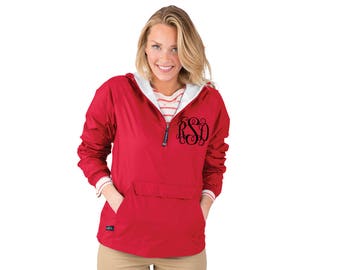 Red Monogrammed Personalized Half Zip Rain Jacket Pullover by Charles River Apparel