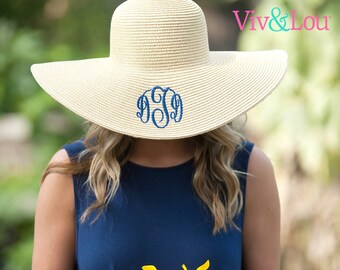 Set of 4 Monogrammed Floppy Beach Hats, Bride Bridesmaid Bachelorette Party Gift Straw, Black Navy White