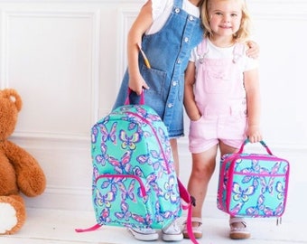 Personalized Girls Backpack and Lunch Box Set, Personalized Full Size Butterfly Backpack and Lunch Box, Monogrammed Girls Backpack Lunch Box