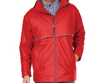 Personalized Mens Red Rain Jacket - Mens New Englander Rain Jacket Full Zip by Charles River Apparel