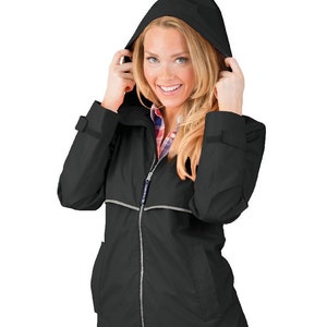 Black Ladies New Englander Rain Jacket Monogrammed Personalized Full Zip by Charles River Apparel