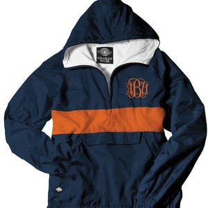 Navy and Orange Striped Monogrammed Personalized Half Zip Rain Jacket Pullover by Charles River Apparel