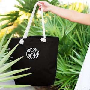 Monogrammed BLACK Rope Tote Bag, Monogrammed Castaway Shoulder Bag,Personalized Beach Bag, Monogrammed Cruise Tote Bag
