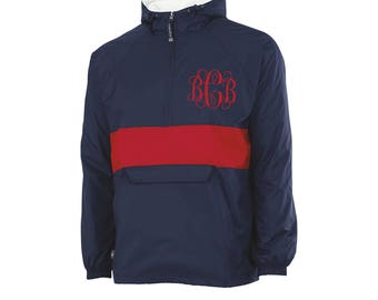 Navy and Red Striped Monogrammed Personalized Half Zip Rain Jacket Pullover by Charles River Apparel