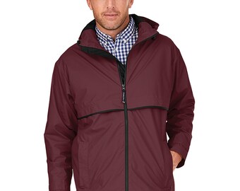 Personalized Mens Maroon Rain Jacket - Mens New Englander Rain Jacket Full Zip by Charles River Apparel