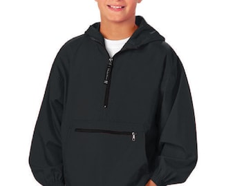 Youth Black Monogrammed Pack N Go Lightweight Half Zip Rain Jacket Pullover by Charles River Apparel