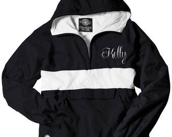 Monogrammed Black and White Striped Lined Half Zip Rain Jacket Pullover by Charles River Apparel