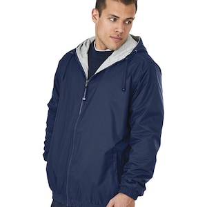 May include: A navy blue hooded jacket with a zipper closure and a gray fleece lining. The jacket has two front pockets and a drawstring hood.