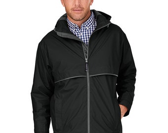 Personalized Mens Black Rain Jacket - Mens New Englander Rain Jacket Full Zip by Charles River Apparel