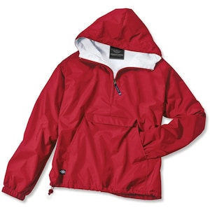 May include: Red hooded pullover jacket with a zipper closure and a kangaroo pocket. The jacket has a white lining and a small logo on the chest that says "Charles River Apparel".